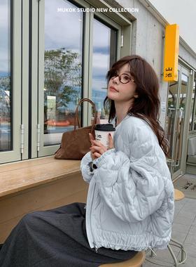 三星90白鸭绒仿真丝丝绒菱格花苞羽绒服小众设计感短外套