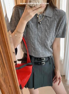 秋季高级感全羊毛针织衫纯色短袖POLO领简约学院风百搭上衣