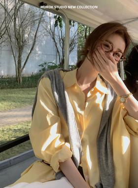 济州岛日记~100%棉黄色衬衫叠穿衬衣2025新款气质女法式上衣