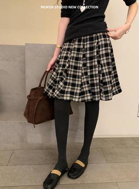 复古羊毛薄呢格纹褶皱感肌理韩系A字超大摆中款散裙