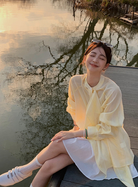 拿捏松弛感~ 时尚气质垂感衬衫女法式飘带黄色长袖宽松上衣