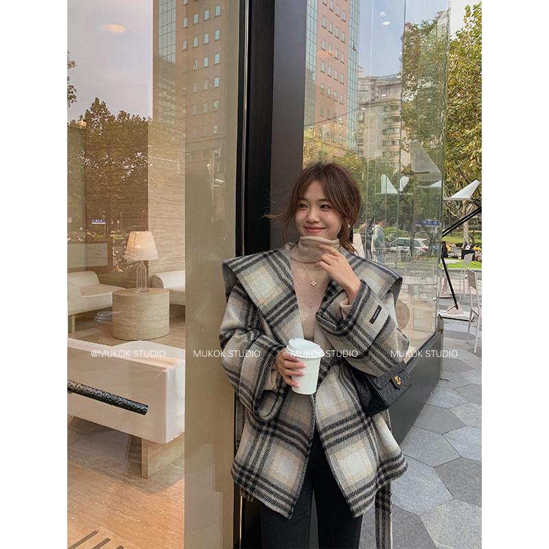 伯多洛格大衣~设计感格纹大领子时髦小个子双面羊毛呢外套