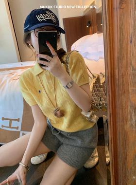 春季高级感全羊毛针织衫纯色短袖POLO领简约学院风百搭上衣
