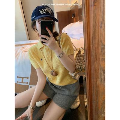 YSLS春季高级感全羊毛针织衫纯色短袖POLO领简约学院风百搭上衣