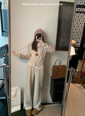 云朵慕斯~时尚显瘦连帽卫衣垂感拖地裤加厚套装