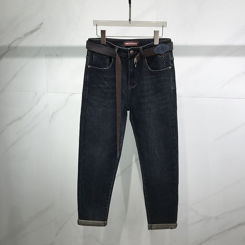 秋冬新款时尚潮牌简约加绒牛仔裤男士青年韩版修身弹力显瘦小脚裤