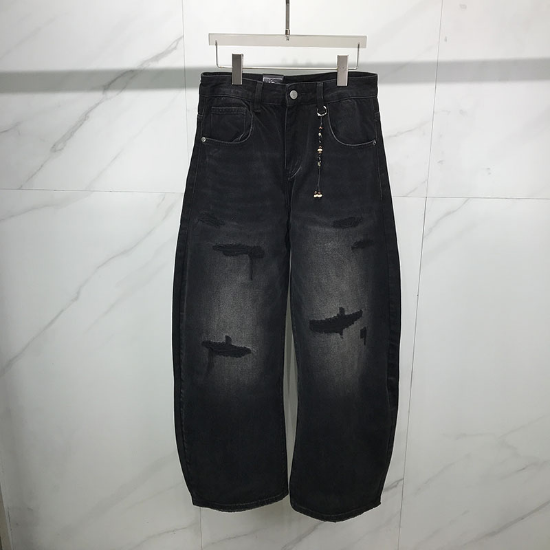 男士黑色水洗做旧直筒牛仔裤