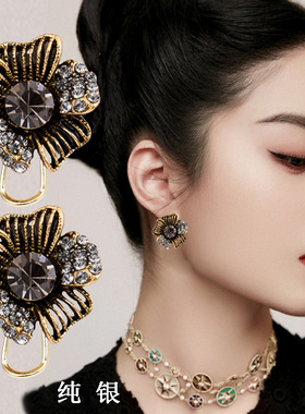 奢华高级感夸张花朵耳环2024新款潮欧美韩国网红气质大耳钉女耳夹