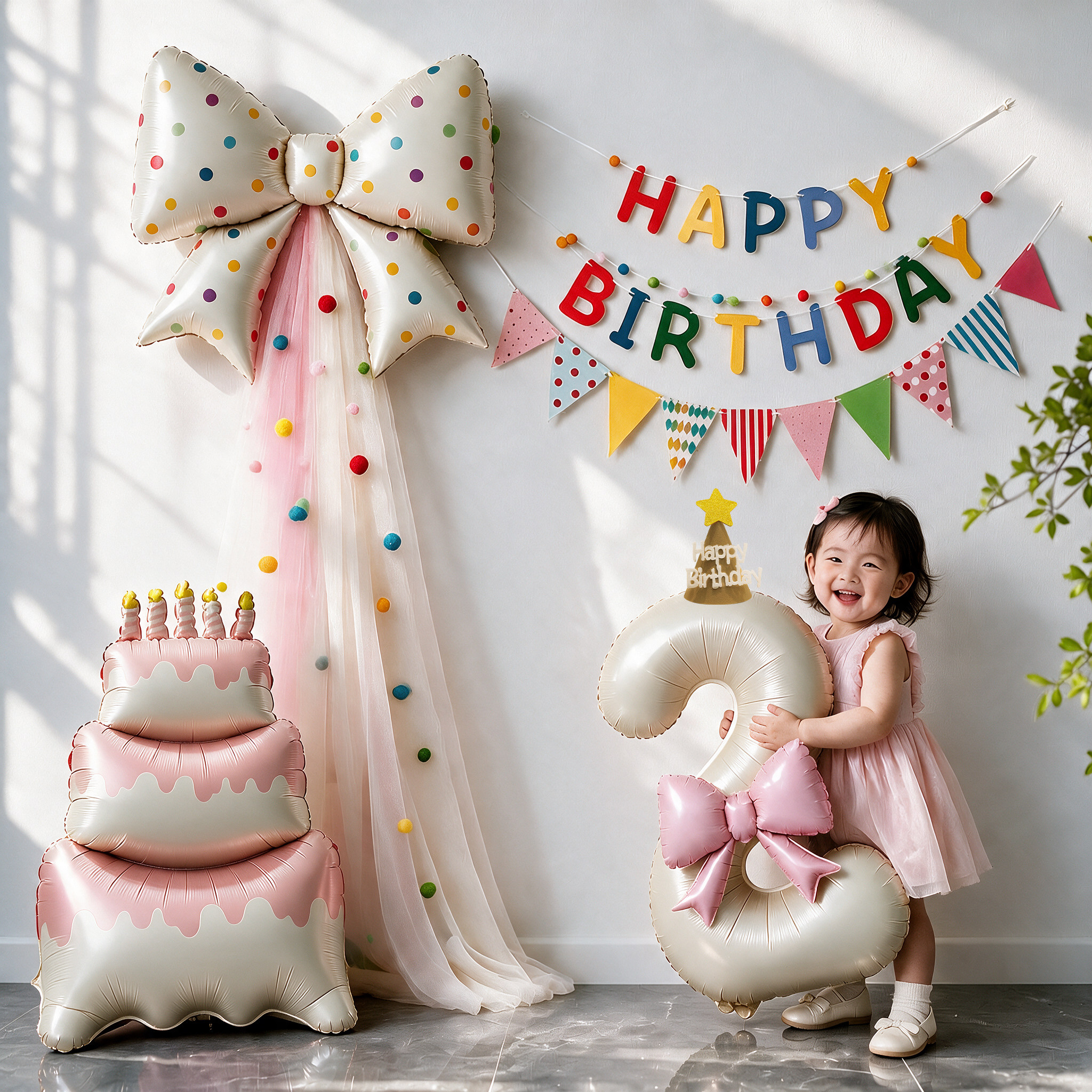 2岁生日小女孩数字气球布置场景装饰宝宝儿童派对仪式感背景3拍照