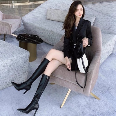 秋冬尖头高跟鞋黑色瘦瘦高筒靴
