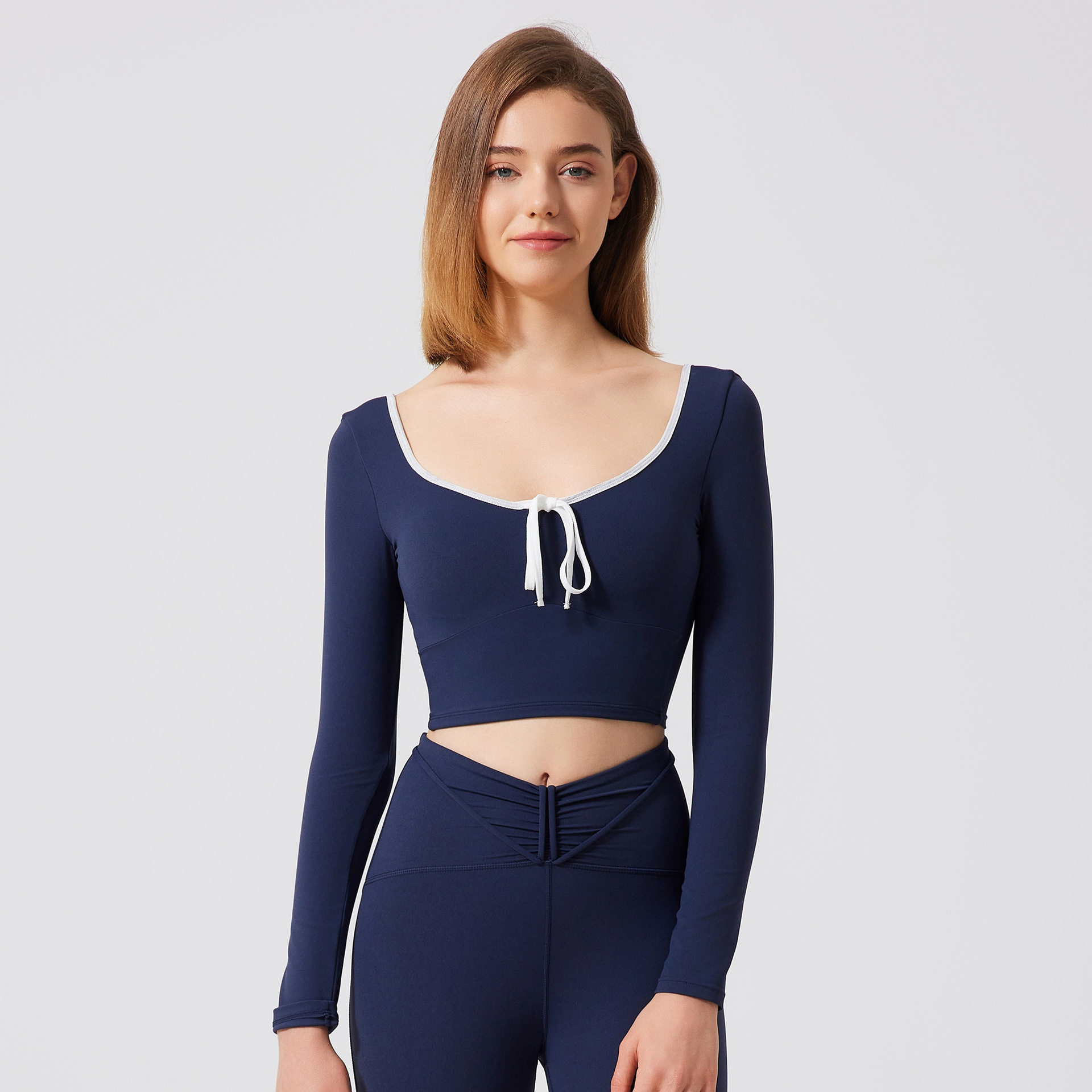 带胸垫拼色网纱瑜伽服女性感跑步运动T恤长袖速干健身服上衣外穿