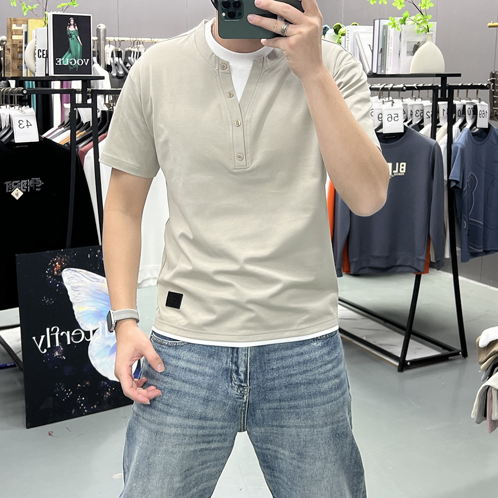 夏季新款假两件短袖T恤男半袖衫圆领拼接色潮流上衣t纽扣个性轻奢