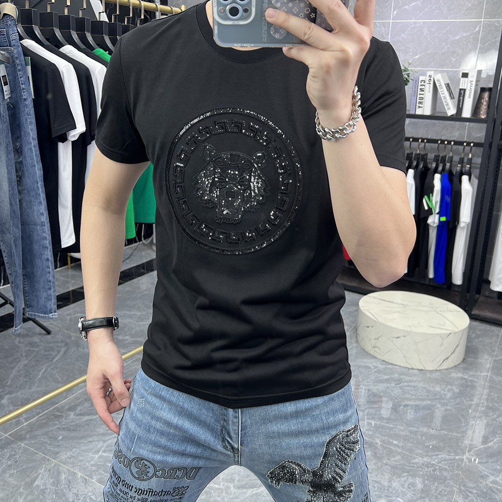 欧洲站夏季男士短袖T恤重工刺绣亮片老虎头圆领半袖体恤潮流修身t