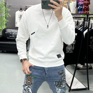 春秋季新款男长袖T恤简约拼接卫衣圆领套头打底衫百搭休闲上衣潮i