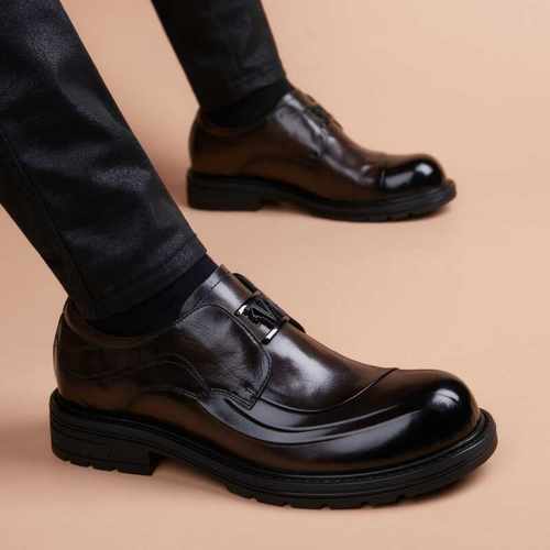 新款商务圆头真皮正装皮鞋男士潮流增高韩版英伦透气软底德比男鞋