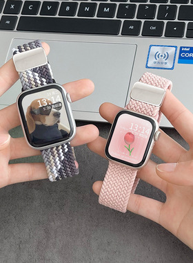适用iwatchs9/s10表带编织ise2苹果s8s7尼龙手表带女生s6s5夏季