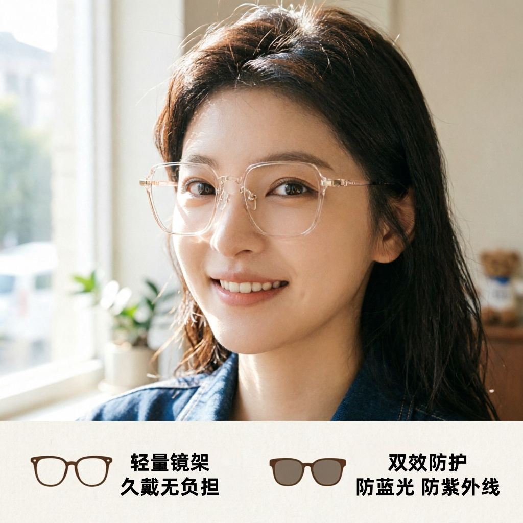 简约方形透明眼镜框女性防蓝光防紫外线轻量无框护眼眼镜偏光变色