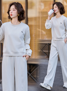 休闲运动刺绣拼接套装女2025早春出游圆领卫衣休闲百搭弯刀阔腿裤