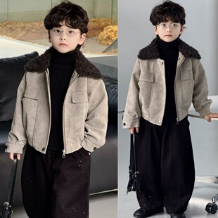 儿童麂皮绒男童加绒韩范痞帅小男孩外套潮2025新款超好看冬装洋气