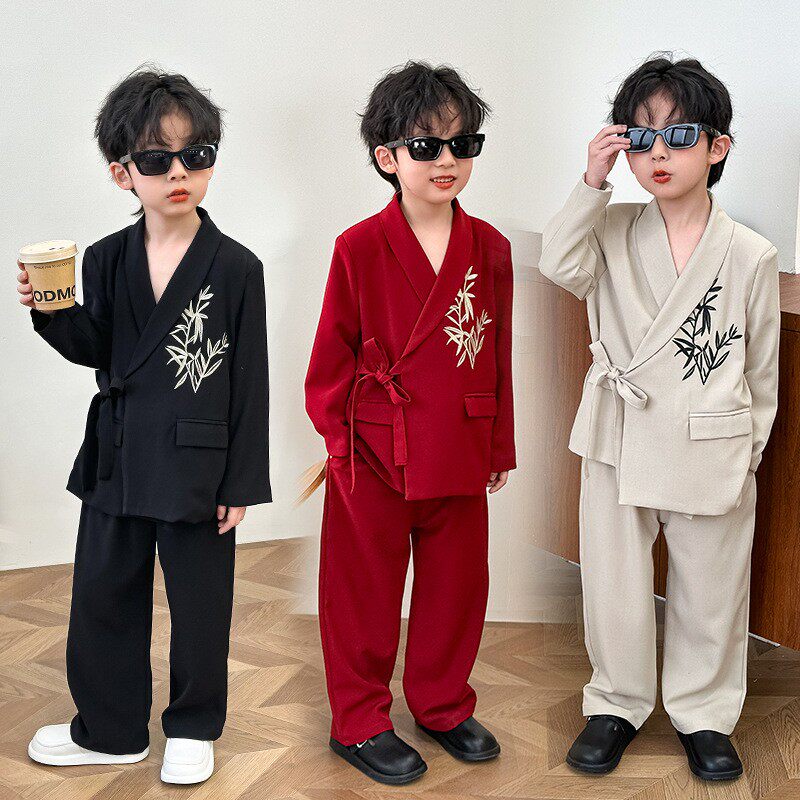 男童小西装套装春国风西服儿童红色礼服男孩新中式中山装走秀潮服