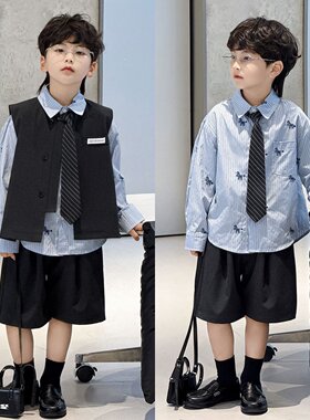 儿童痞帅小西装夏十岁男孩生日衣服西服套装男童高级感马甲小礼服