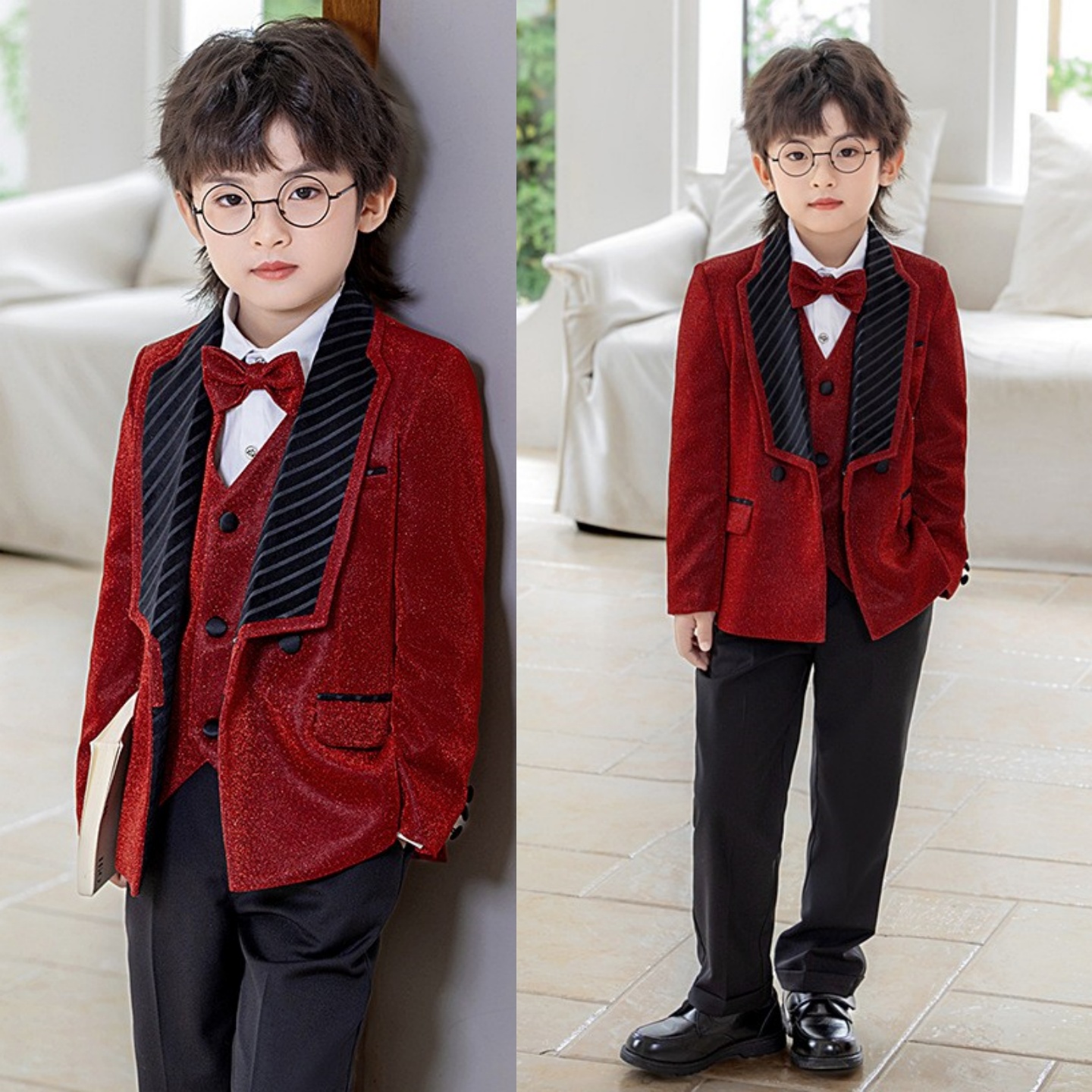 男童主持人小礼服正装西装男孩红色西服套装儿童演讲比赛服装秋冬