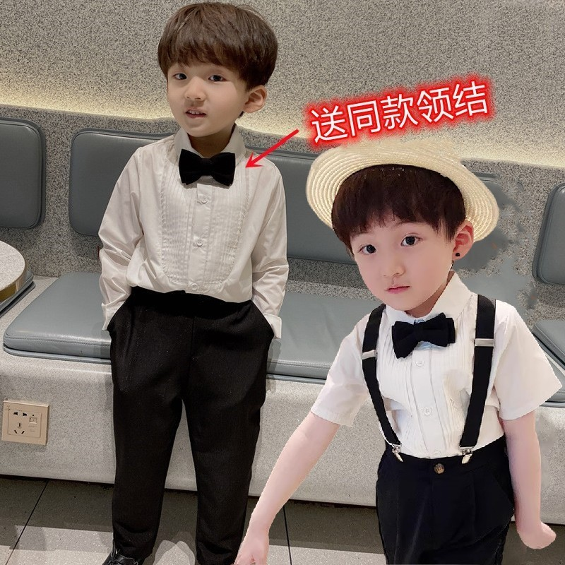 小男孩白衬衫男童白色衬衣春秋款儿童领结男宝宝带蝴蝶结小童套装