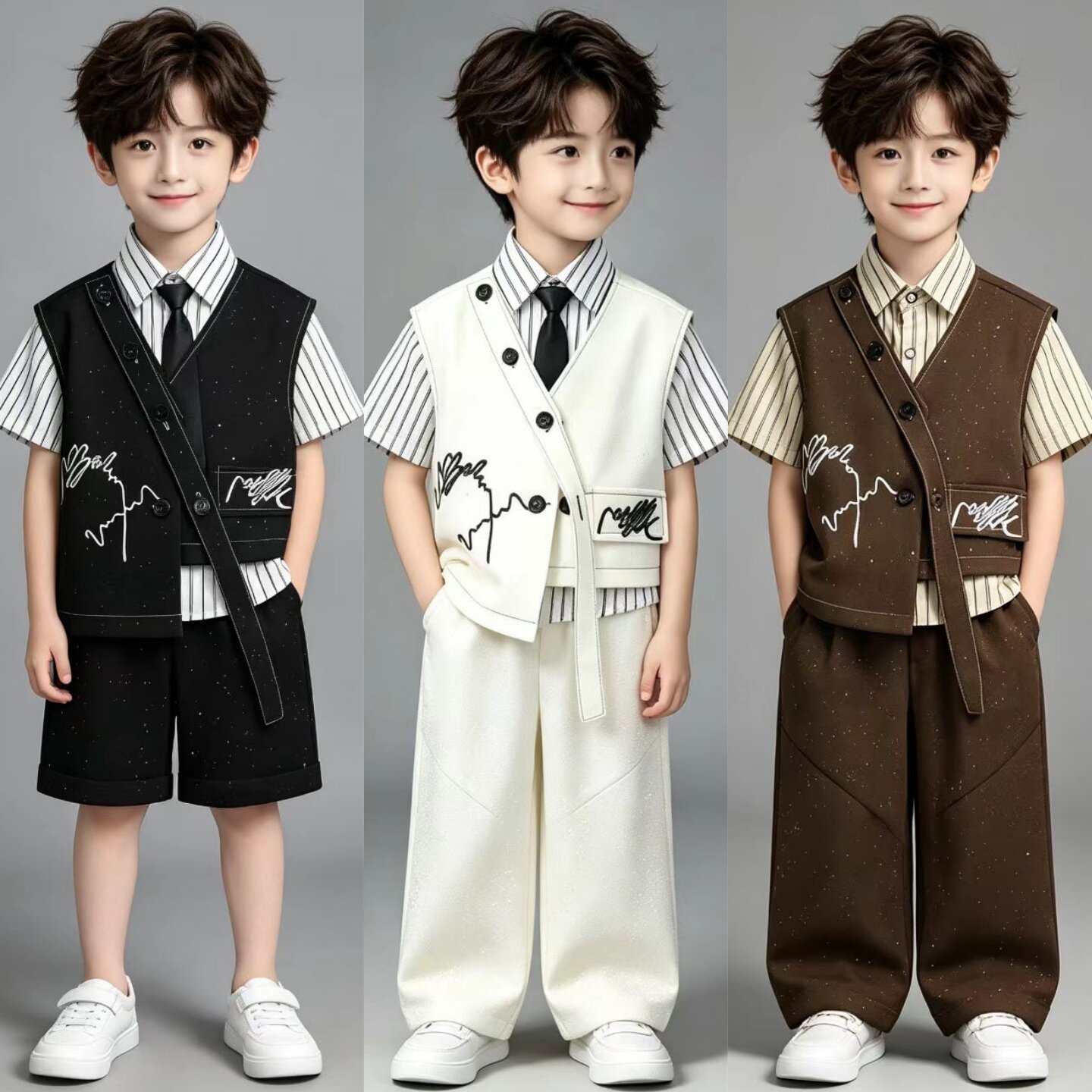 男童西装套装夏轻奢小众高端儿童小主持人礼服短袖幼儿园毕业服装