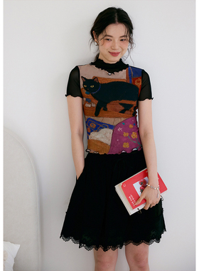 BLUEerror 猫咪黑色印花修身圆领长短袖T恤女显瘦收腰网纱上衣夏