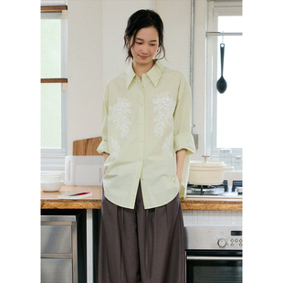 浪漫衬衣秋季 BLUEerror 女纯棉法式 衬衫 宽松独特蕾丝绣花绿色长袖