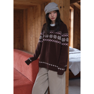 BLUEerror 冬 费尔岛雪花提花圆领套头毛衣女宽松慵懒全羊毛针织衫