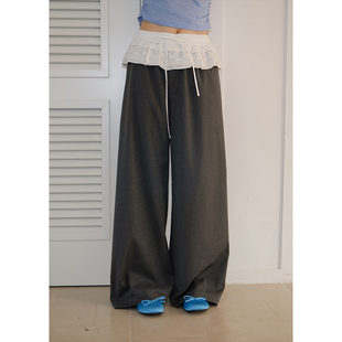 早秋松弛格子裤 女宽松休闲裤 子 慵懒花边拼接灰色阔腿裤 BLUEerror