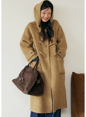 BLUEerror 全羊毛牛角扣连帽双面呢女长款毛呢外套冬季呢子大衣