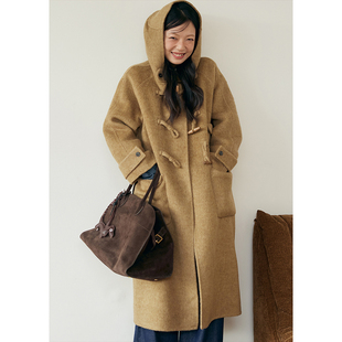 呢子大衣 毛呢外套冬季 BLUEerror 全羊毛牛角扣连帽双面呢女长款