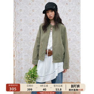 00新品 显瘦立领拉链短款 外套女绿色叠穿夹克春季 工装