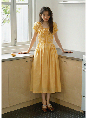 BLUEerror 牛津收腰长款橘色格子短袖连衣裙女法式浪漫长裙夏裙子