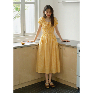 连衣裙女法式 橘色格子短袖 浪漫长裙夏裙子 牛津收腰长款 BLUEerror