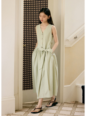 BLUEerror 纽扣绑带v领长款背心连衣裙女莱赛尔绿色无袖长裙夏季