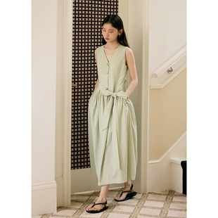 长裙夏季 背心连衣裙女莱赛尔绿色无袖 纽扣绑带v领长款 BLUEerror