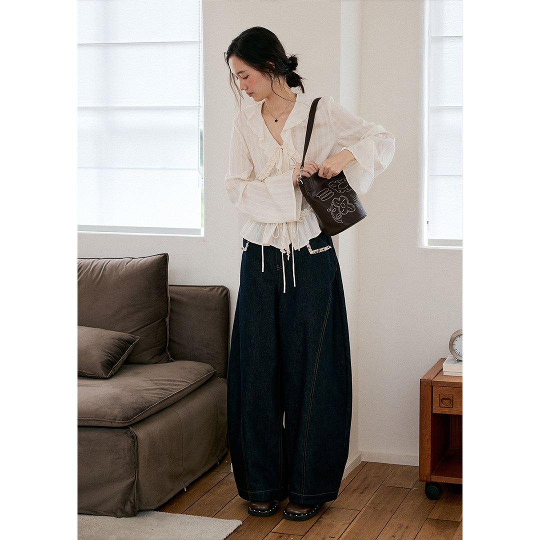 BLUEerror 手工串珠翻袋原色弯刀牛仔裤女宽松阔腿慵懒裤子秋季,女装/女士精品,牛仔裤,淘宝优惠券,粉丝福利购,淘宝优惠卷