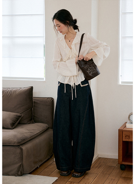 BLUEerror 手工串珠翻袋原色弯刀牛仔裤女宽松阔腿慵懒裤子秋季