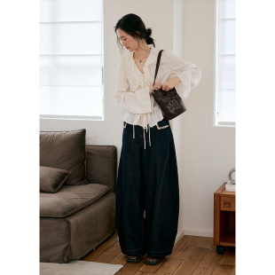 子秋季 女宽松阔腿慵懒裤 手工串珠翻袋原色弯刀牛仔裤 BLUEerror