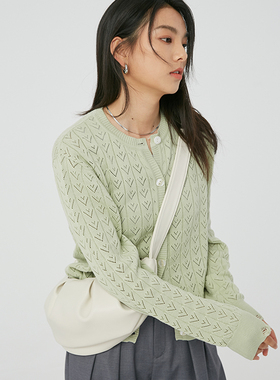 BLUEerror 宽松绿色圆领镂空长袖针织衫开衫女慵懒休闲外套春季