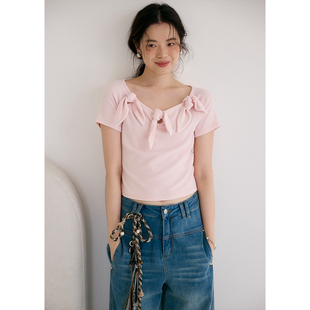 显瘦上衣夏季 BLUEerror 修身 T恤女露肩短款 蝴蝶结开领粉色短袖