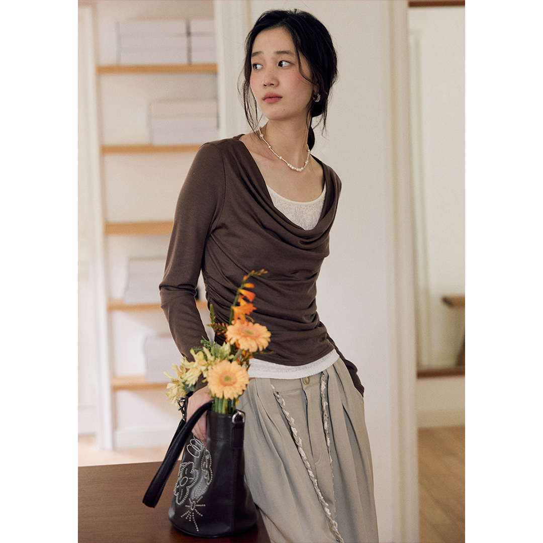 修身撞色假两件荡领长袖t恤