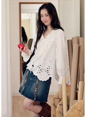 BLUEerror 镂空刺绣花边绑带v领白色长袖衬衫女纯棉法式衬衣秋季