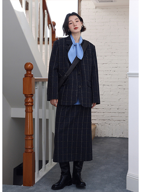BLUEerror 宽松气质格纹黑色毛呢西装套装女休闲加厚羊毛西服秋冬