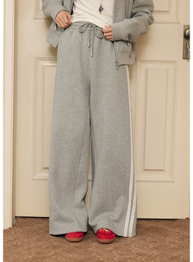 BLUEerror 宽松撞色花边拖地灰色卫裤女裤子阔腿裤早秋慵懒长裤