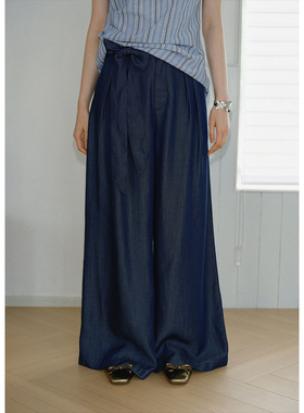 BLUEerror 慵懒莱赛尔飘带阔腿牛仔裤女宽松轻薄长裤夏季垂感裤子