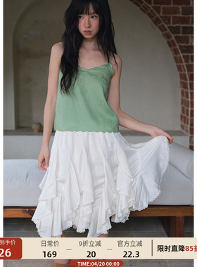 【4/15 20:00新品】亚麻刺绣短款v领吊带背心女绿色法式上衣夏季